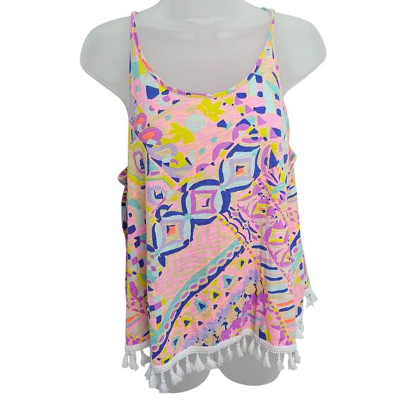 Lilly Pulitzer Multi Colored Auden Tank Top With White Tassels At the Bottom L - Picture 1 of 11
